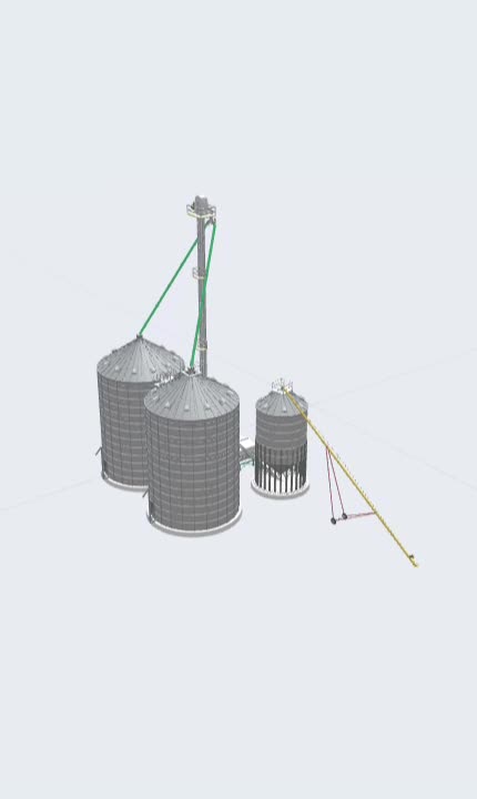 A 3D grain facility model with bins, an elevator and an auger